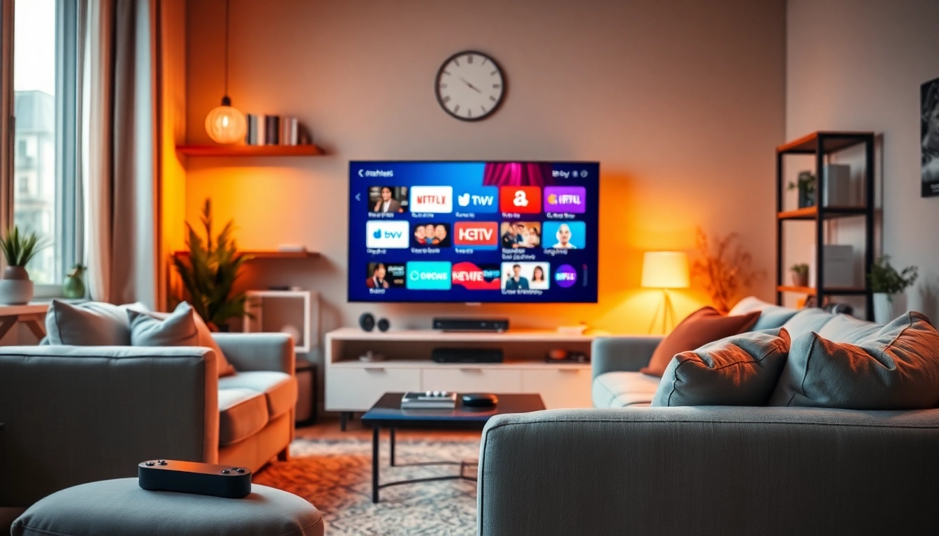 Comprar IPTV en un ambiente acogedor con un televisor moderno y opciones de canales vibrantes.