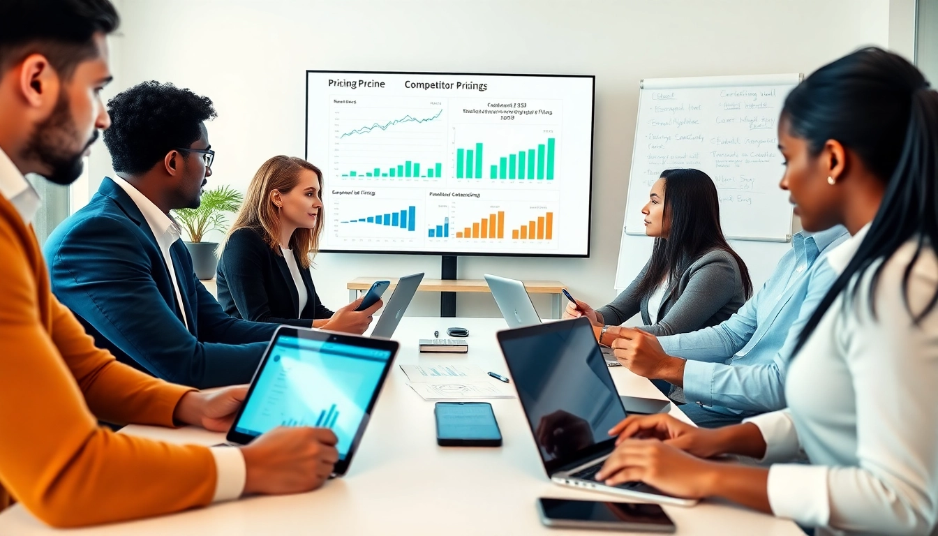 Analyze competitor pricing in a business meeting with diverse professionals examining data.