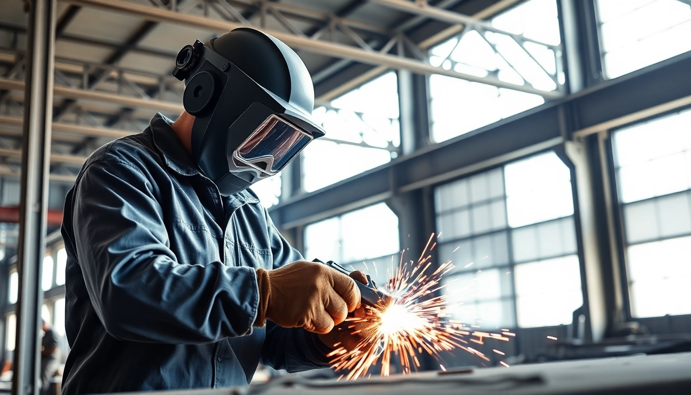 Welding technician expertly engaging in structural steel welding in an industrial setting.
