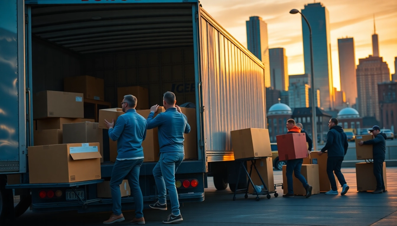Movers efficiently handling relocation, showcasing Moving company nyc in action amidst NYC's skyline.