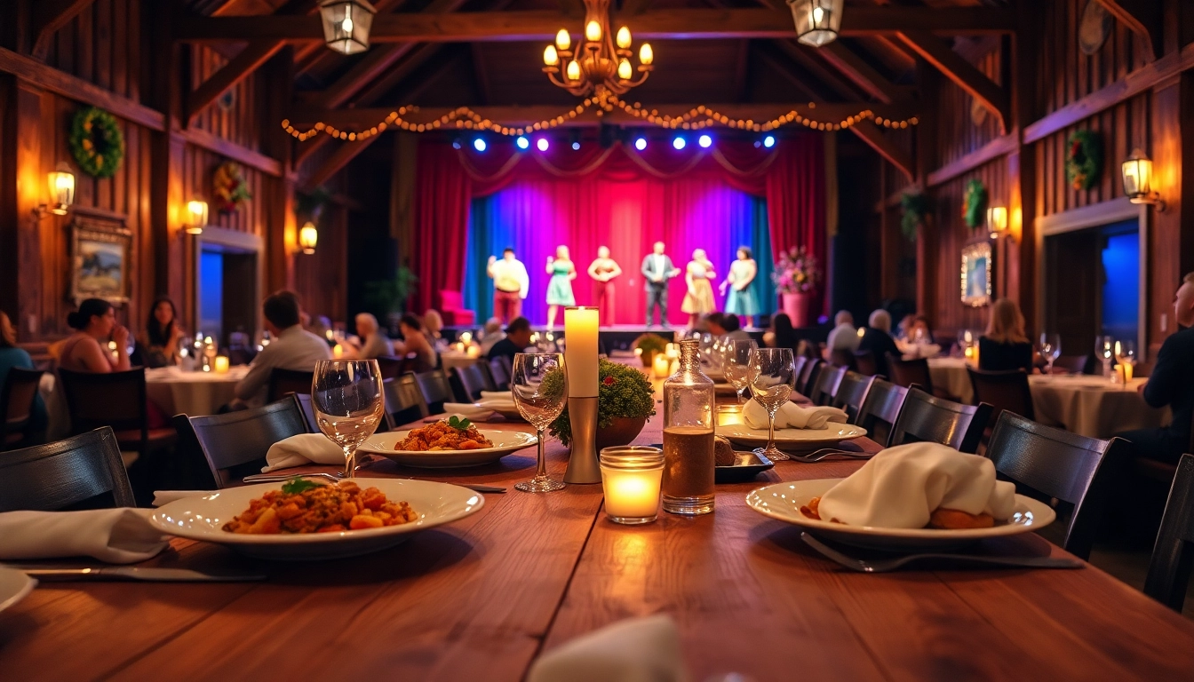 Experience barn dinner theater with an engaging dining setup and lively performances.
